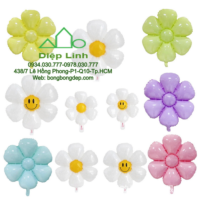 Bong bóng trang trí sinh nhật ngày lễ hoa cúc trắng họa mi bông mai hướng dương mặt cười