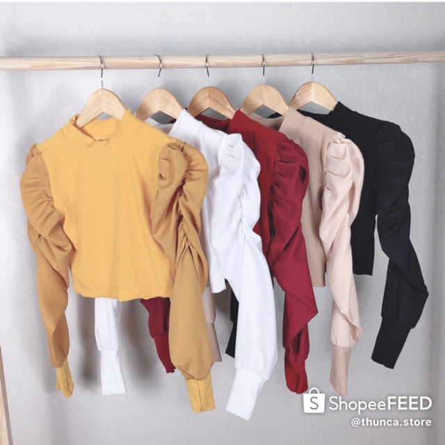 Áo Kiểu Thun Gân Tay Phồng, Áo Tiểu Thư tay dài thu đông croptop