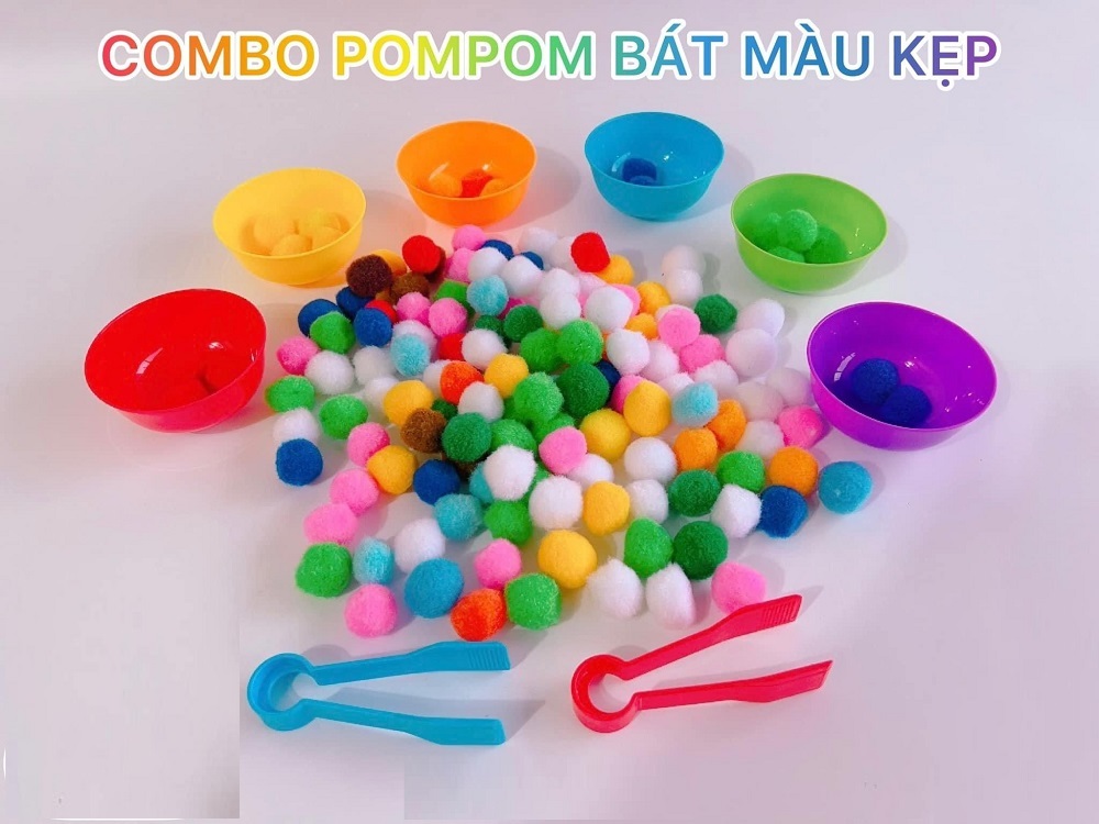 Set 6 bát + 2 kẹp phân loại màu sắc tập gắp hạt nhựa hạt pompom