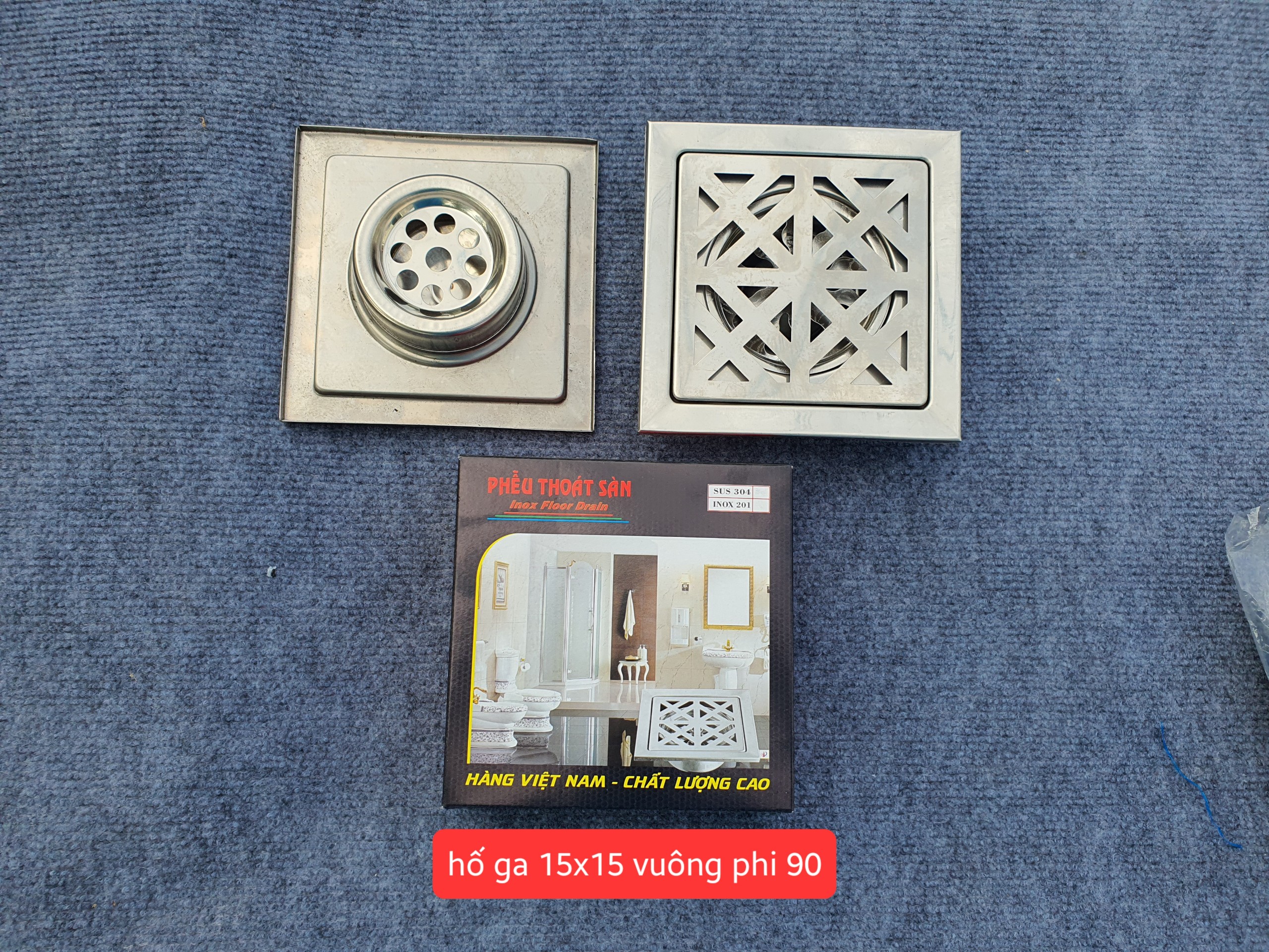 Hố ga phễu thoát sàn lọc rác lược rác kích thước 15cmx15cm loại vuông inox 201 hàng chất lượng cao phi 60 và 90