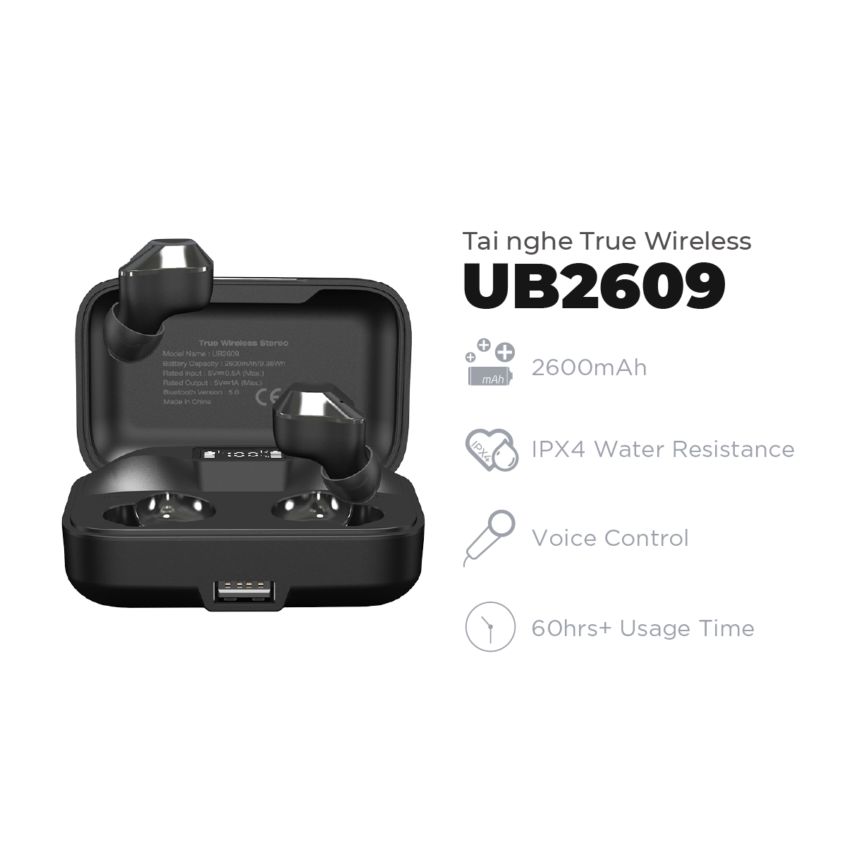 Tai nghe True Wireless Energizer UB2609, kèm hộp sạc di động, chống thấm nước IPX4