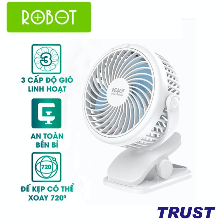 Quạt mini đế kẹp power bank 2000mah 3 tốc độ gió -robot rt-bf10- bh 1 đổi 1 12 tháng-hàng chính hãng
