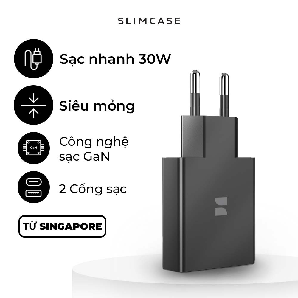 Củ sạc nhanh slimcase siêu mỏng 30w - 2 cổng usb-c, usb-a, công nghệ sạc nhanh gan nhỏ gọn tiết kiệm không gian