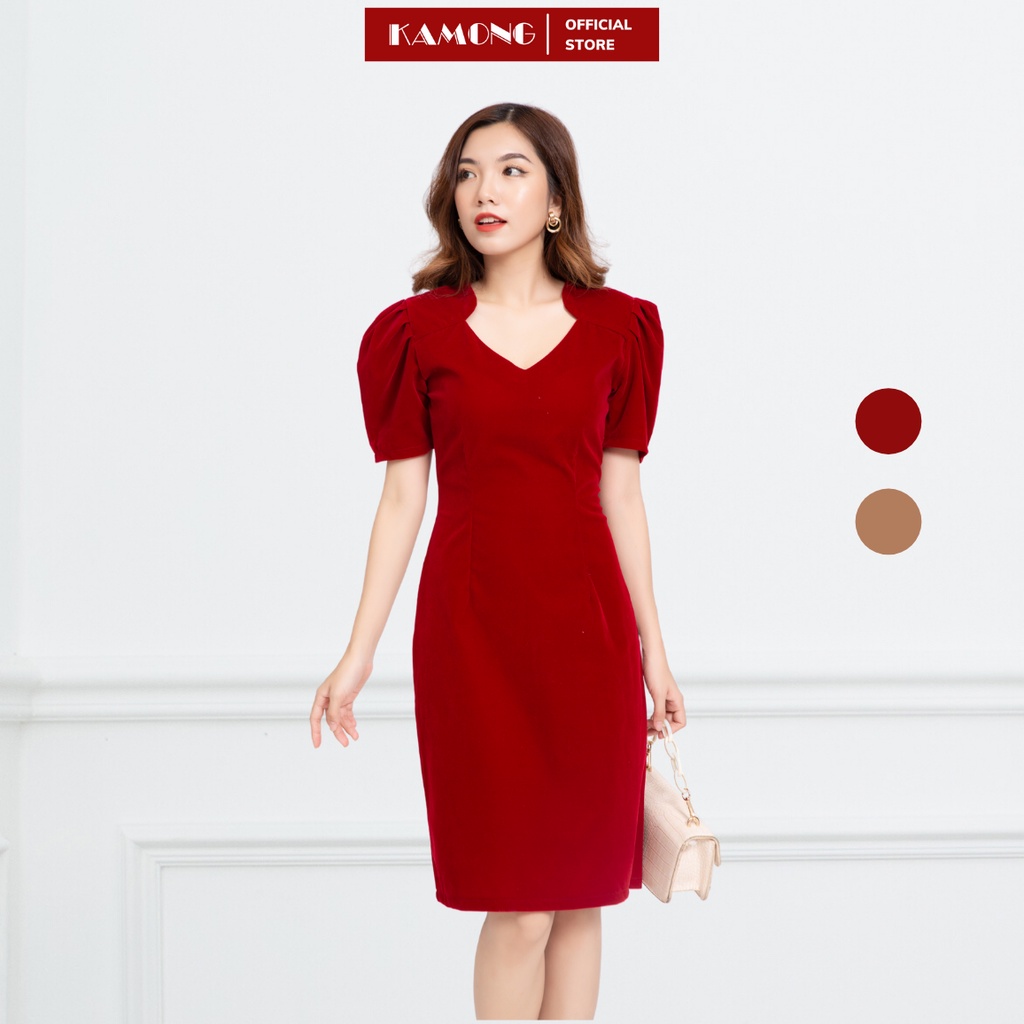 Đầm cổ tim xếp ly tay kamong d135