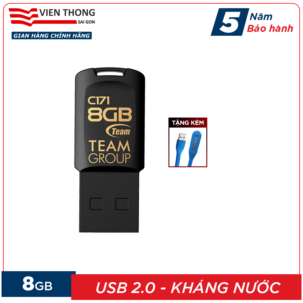 USB 2.0 Team Group C171 8GB chống nước Taiwan (Đen) tặng đèn LED cổng USB - Hãng phân phối chính thức