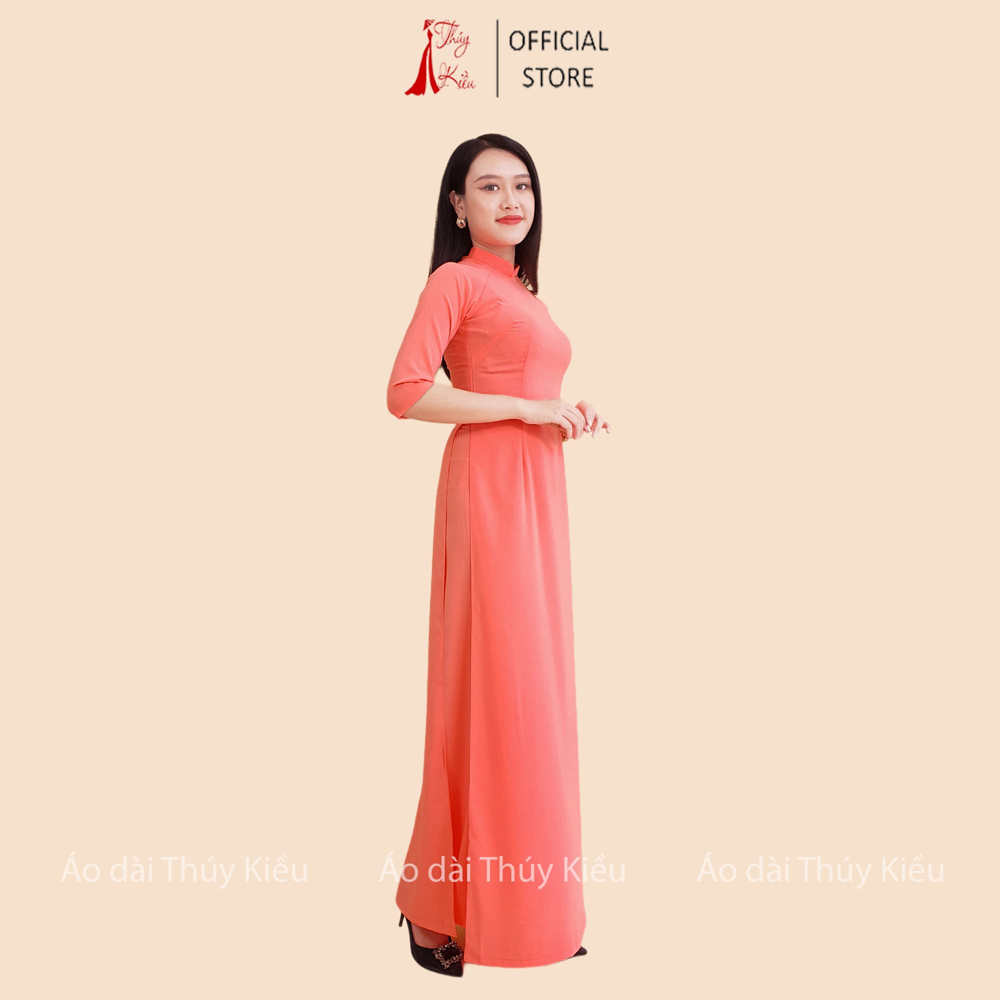 Áo dài trơn lụa Nhật cổ 2 CM màu hồng đào cam AK20 ❤️FREESHIP❤️ mềm mại, co giãn, thấm hút mồ hôi, áo dài truyền thống, áo dài giá rẻ