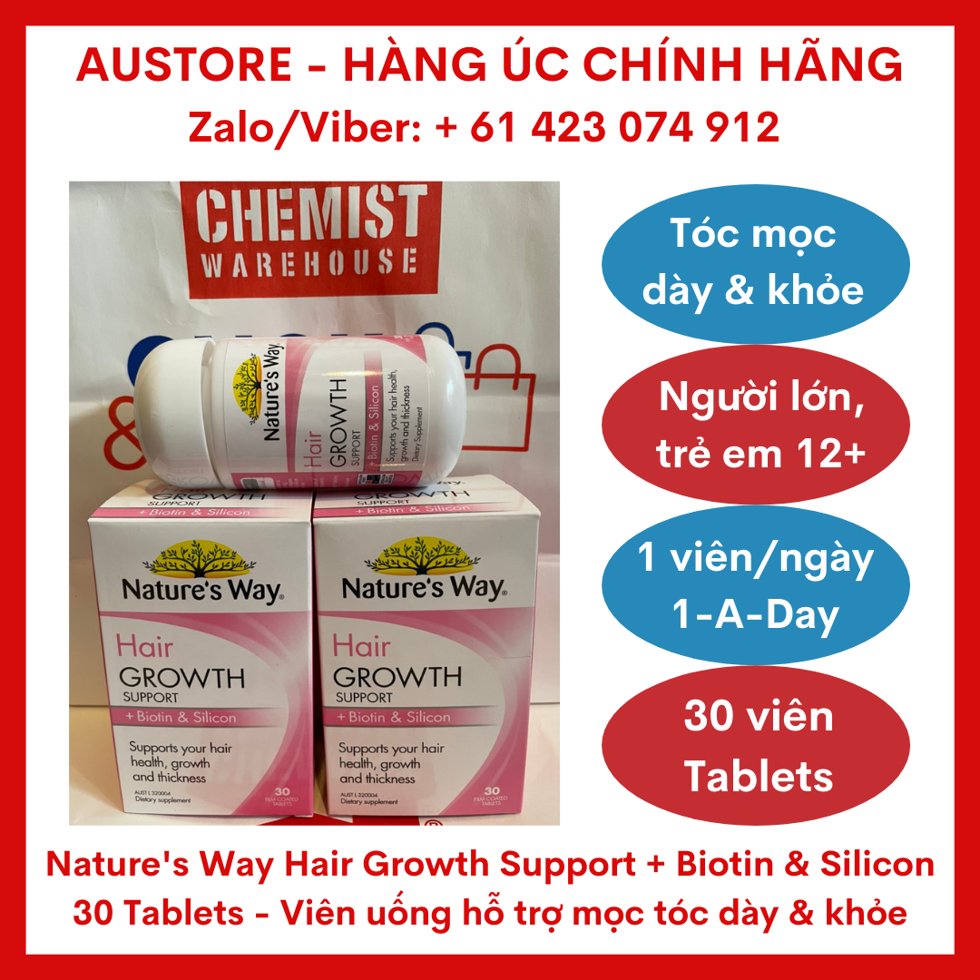 [Bill Úc, Date mới] Nature's Way Hair Growth Support + Biotin & Silicon 30 Tablets - Viên uống hỗ trợ mọc tóc dày & khỏe Nature Way, liều dùng 1 viên/ngày