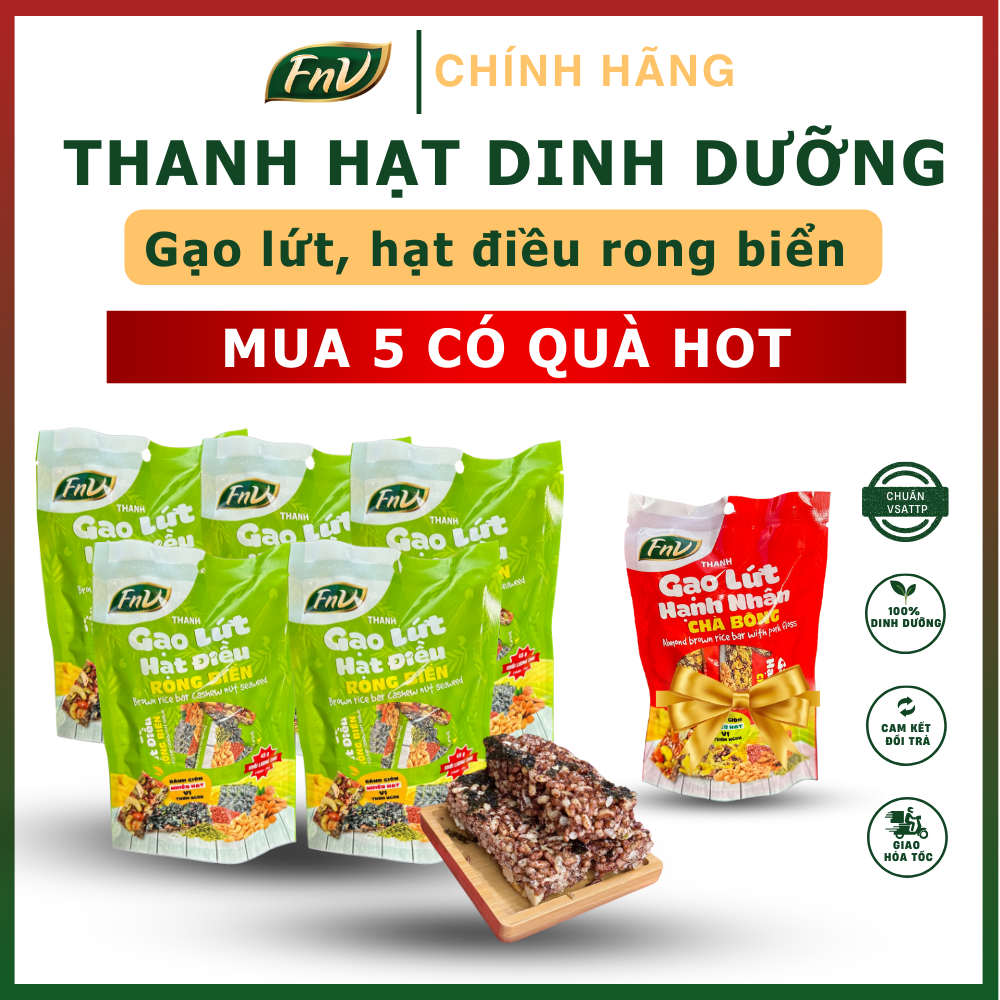 Mua 5 có quà HOT Thanh gạo lứt hạt điều rong biển, mua 5 bịch 45g + Tặng 1 bịch thanh gạo lứt 45g bất kỳ