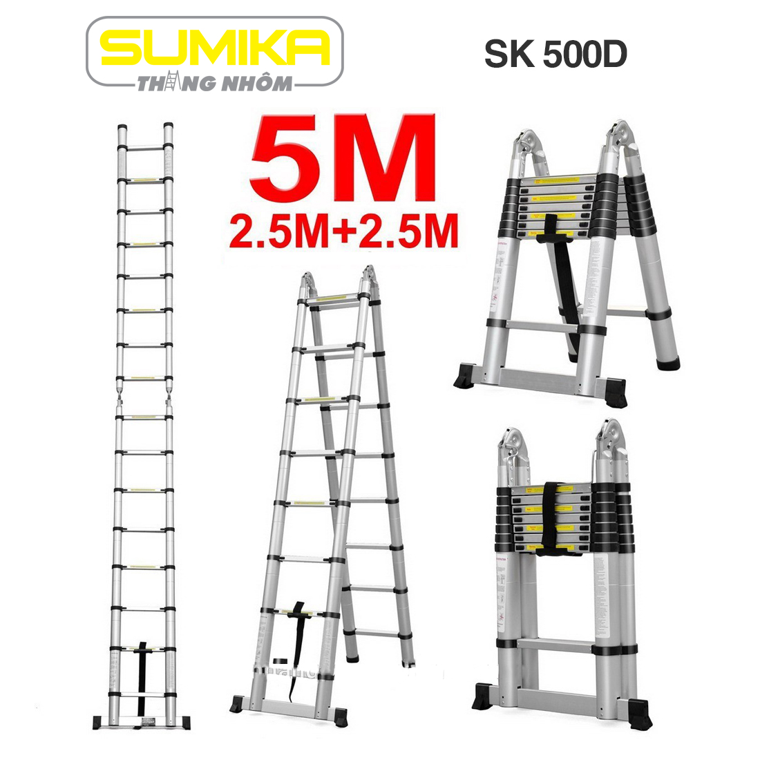 Thang nhôm rút đôi chữ A 2.5M (Chữ I 5.0 M) Sumika SK500D NEW - CÓ BÁNH XE