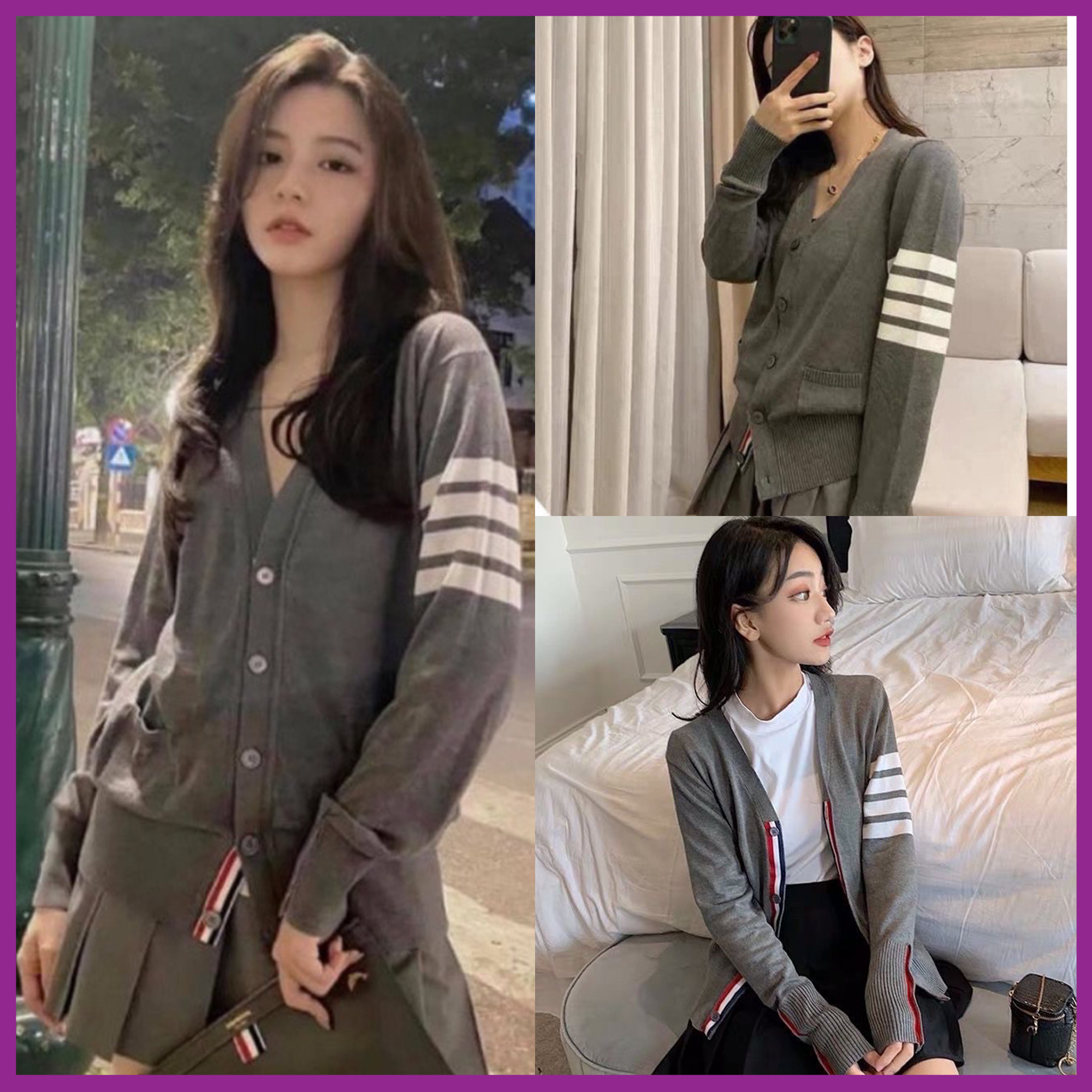 Áo khoác cardigan nam nữ chất len xám kẻ sọc viền đỏ & xanh
