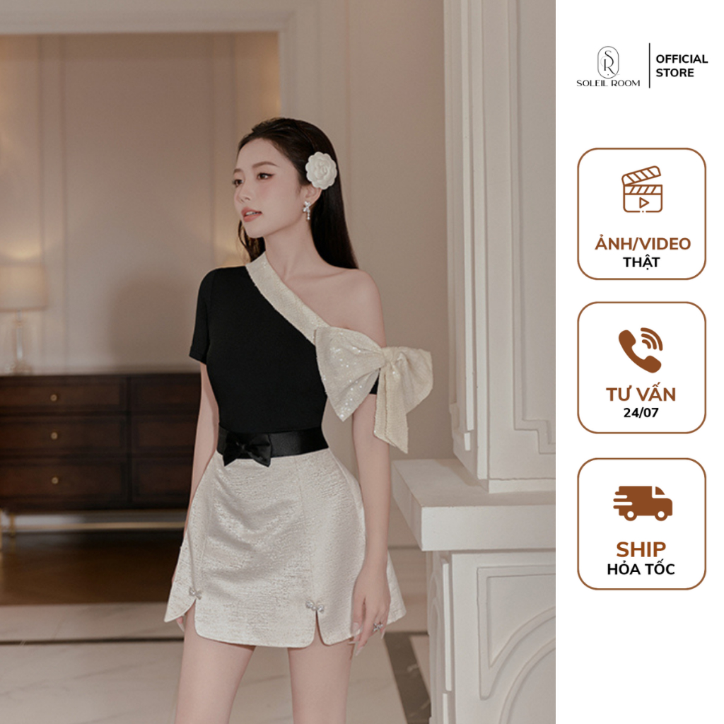 Áo Thun Lệch Vai Nữ Thiết Kế Co Giãn 4 Chiều SOLEIL ROOM phối nơ nhũ ánh đồng MIUMIU TOP