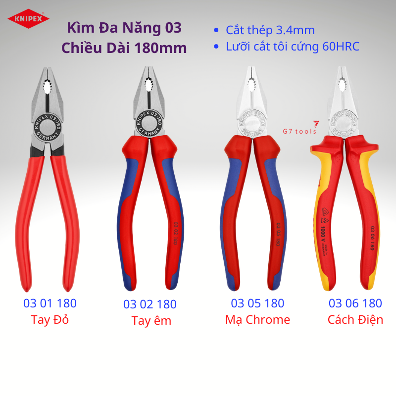 Kìm đa năng knipex chiều dài 180mm lưỡi cắt 60hrc gồm 03 01 180/ 03 02 180/ 03 05 180 và 03 06 180 - sản xuất tại đức