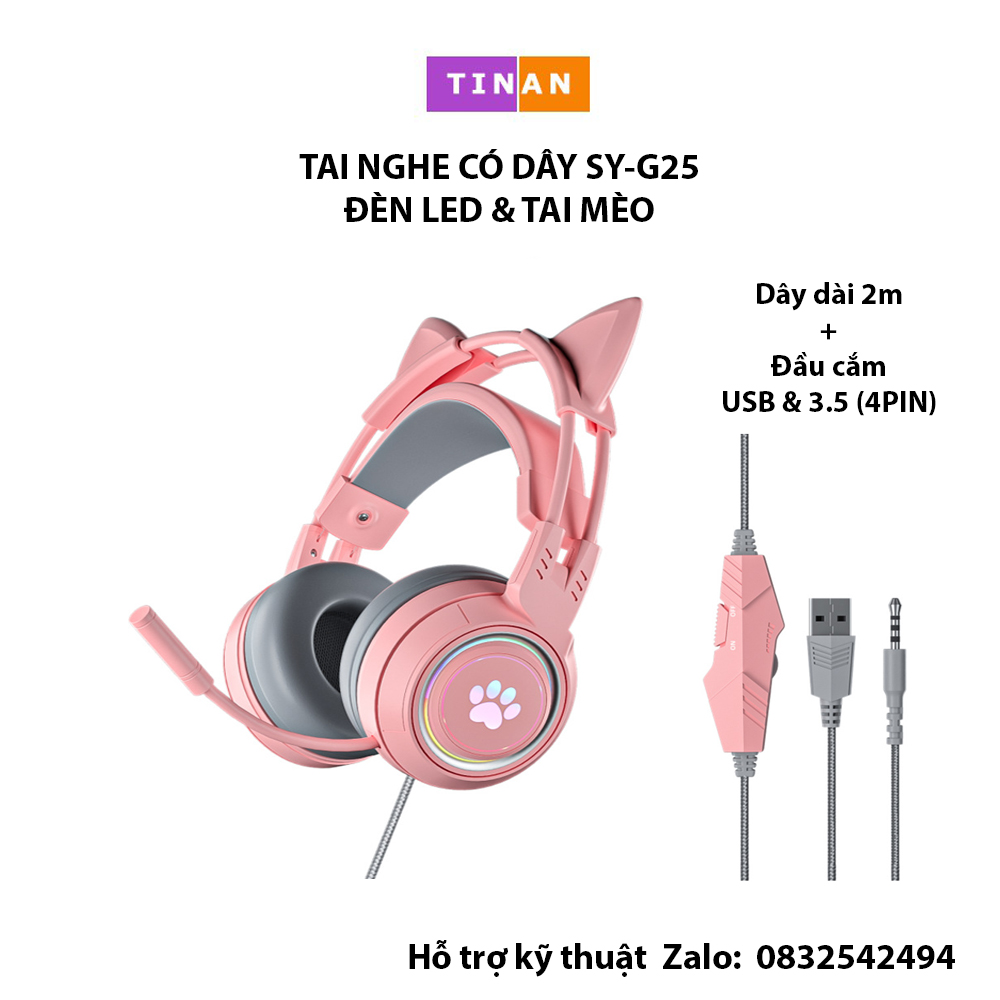 [Đèn LED] Tai Nghe Gaming Tai Mèo Có Dây SY G25, Kèm Mic, Chống Ồn, Chơi Game, Học Online