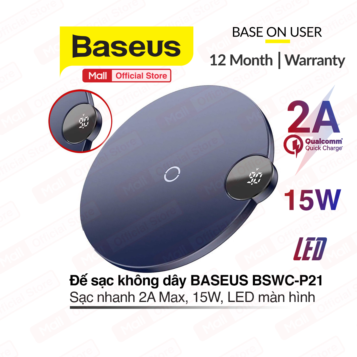 Đế sạc không dây Baseus Digital LED Display cho ios, androi ( sạc nhanh 2A Max, công suất 15W, Qi Wireless Quick Charger )