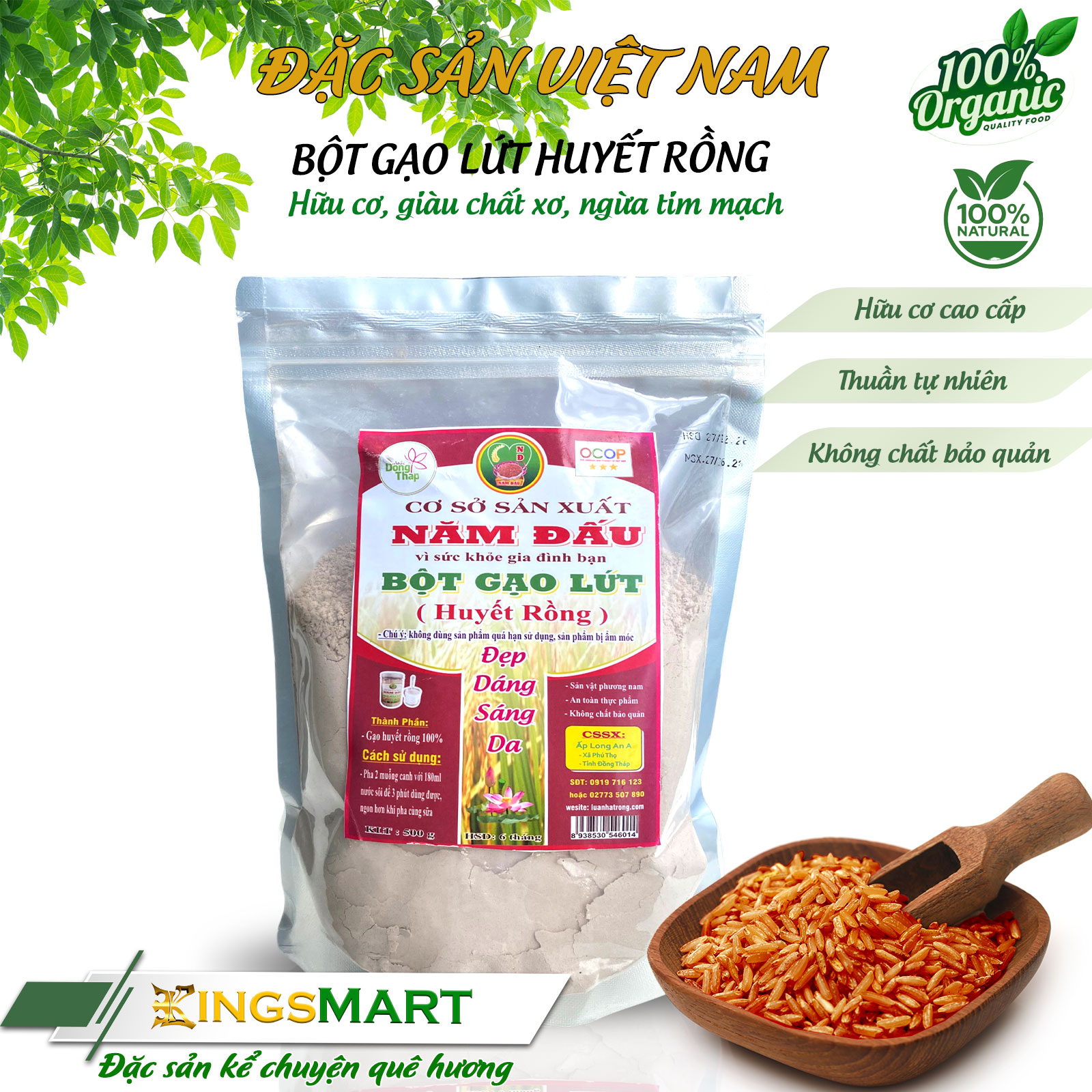 [Hữu cơ] Bột Gạo Lứt Huyết Rồng - 100% từ hạt gạo lứt - Thương hiệu Năm Đấu - Lúa Nhà Trồng - Túi zip 500g - Kingsmart