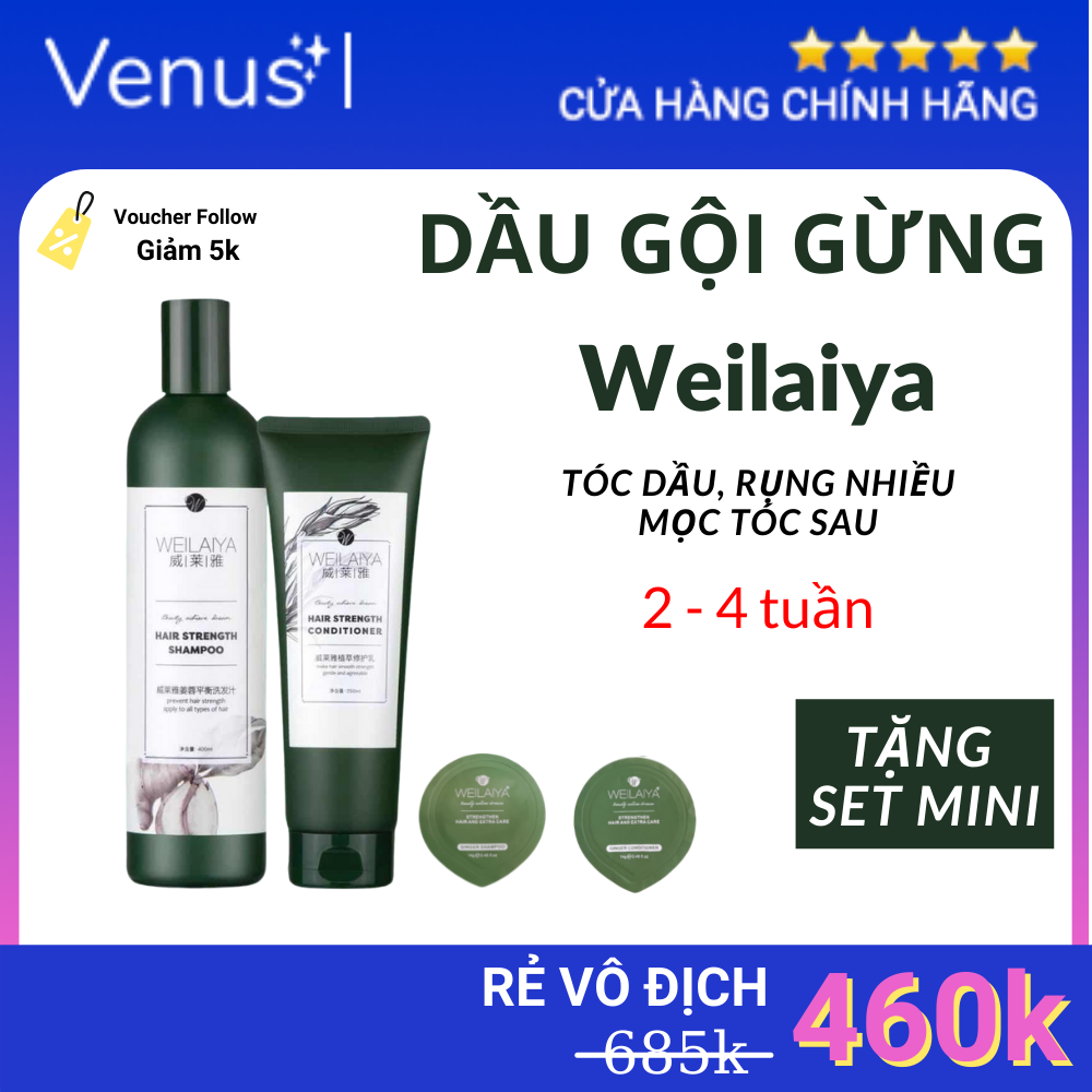 [Tặng kèm set mini] Bộ dầu gội xả gừng Weilaiya Tem trắng Da đầu dầu, ngăn rụng tóc, kích thích mọc tóc 400ml + 250ml