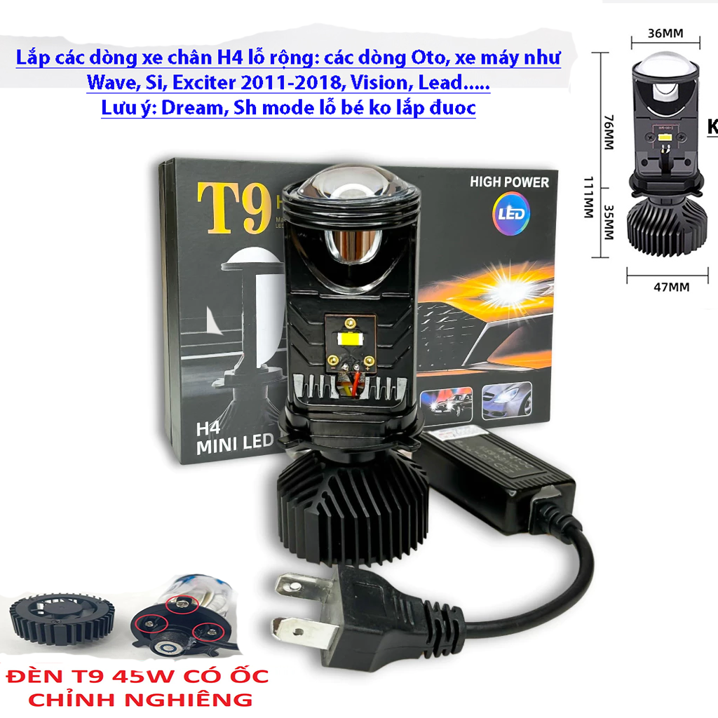   HÀNG LOẠI 1 ĐỦ ỐC CHỈNH  Đèn Pha LED Bi Cầu Mini H4 T9 siêu sáng chống chói Công Xuất 45w Lắp Ô tô Xe Máy Giá 1 bóng 