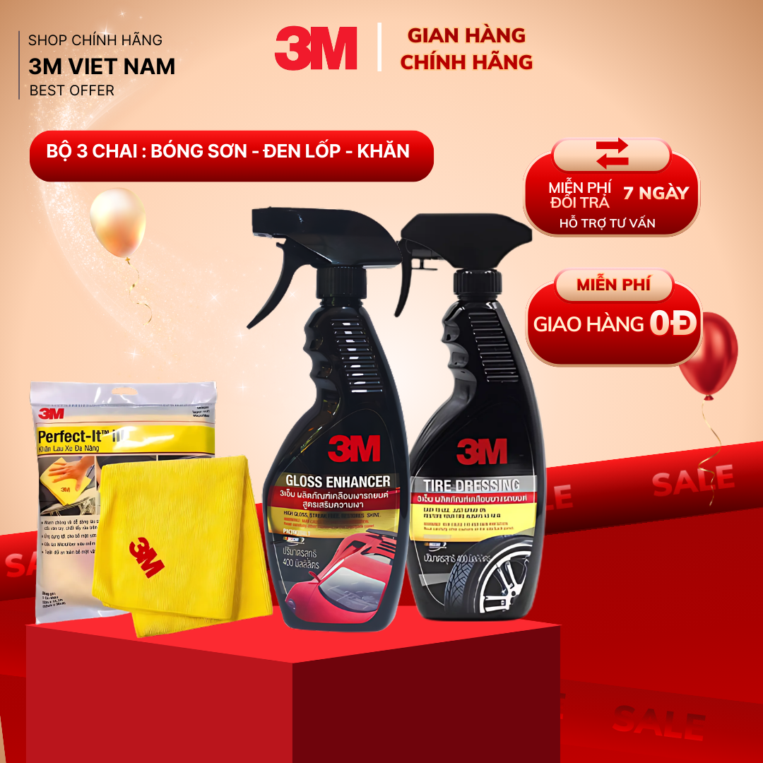 Combo Chai xịt bảo dưỡng lốp+ Chai xịt tăng độ bóng sơn+Khăn lau xe hơi chuyên dụng 3M 50400