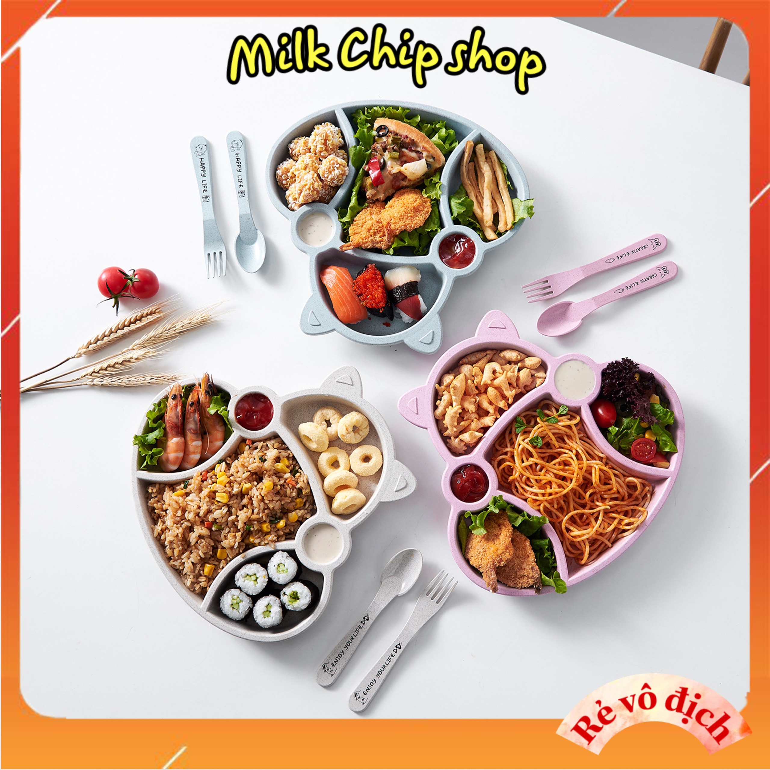 Khay ăn dặm, khay cơm cho bé bằng lúa mạch hình mèo thần tài đáng yêu (kèm thìa dĩa) BK004