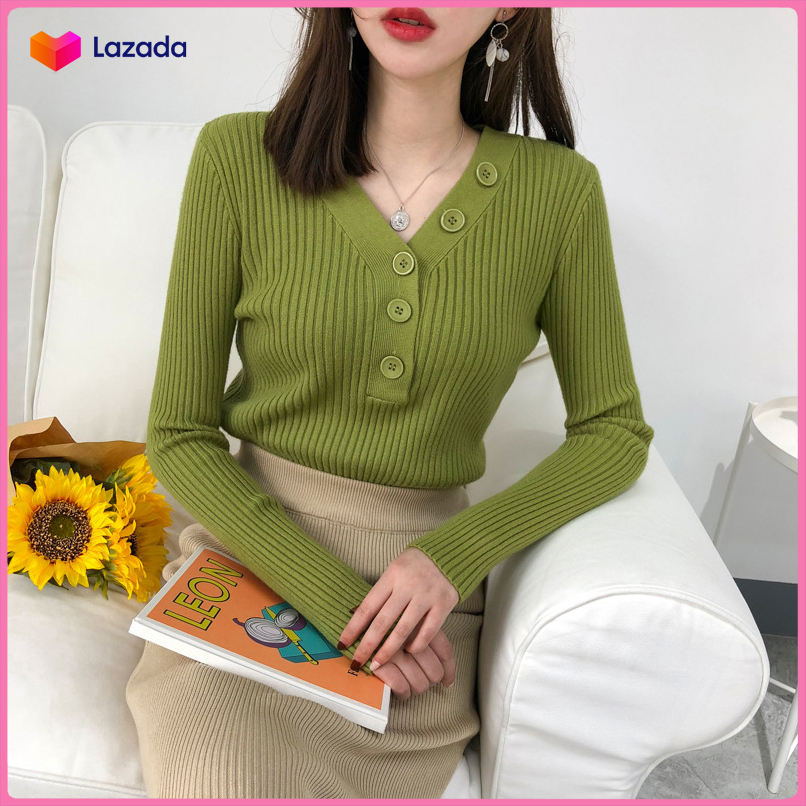 [HCM]Áo Len Cổ V Đính Nút Cách Điệu