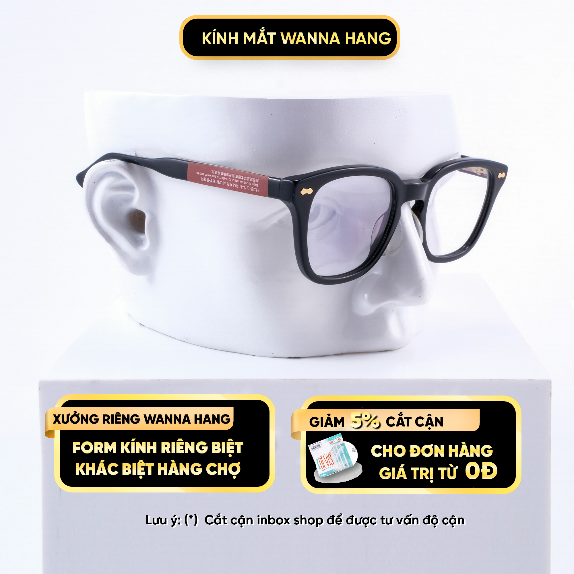 Gọng kính cận vuông thời trang Hàn Quốc chống tia UV cao cấp chất liệu nhựa acetat kèm lõi kim loại siêu bền Wanna Hang WHGC06