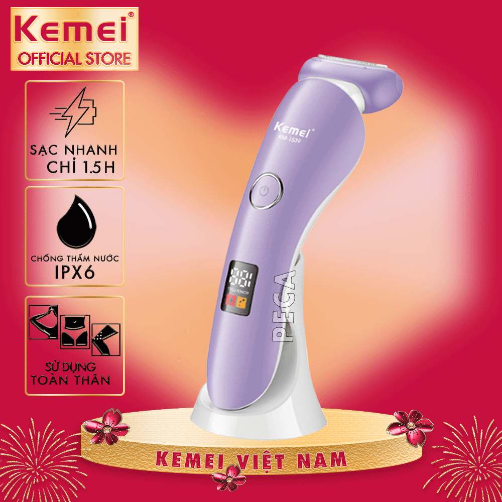 Máy tẩy lông Kemei KM-1539 chuyên dụng cạo lông toàn thân, tay, chân, tẩy lông bikini tiện lợi chống thấm nước - Hàng chính hãng