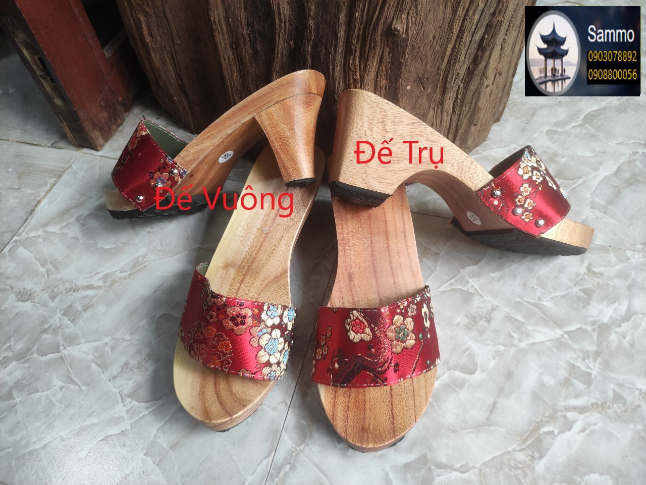 Guốc gỗ guốc mộc cao 7 phân quai gấm lụa đủ màu