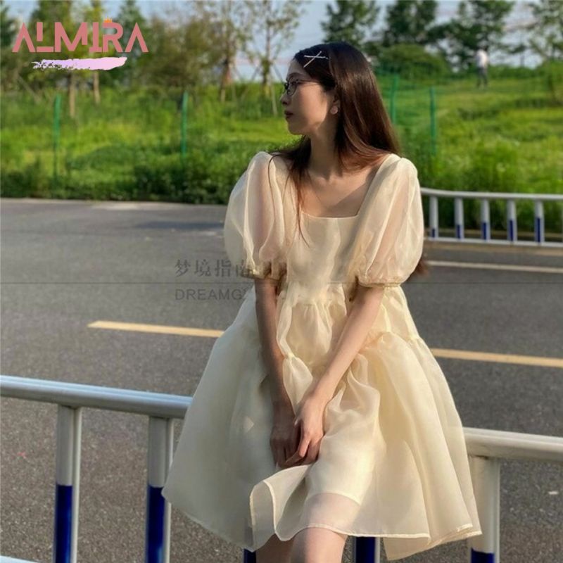 Đầm baby doll bánh bèo vai phồng chất đũi xước, váy công chúa bồng xinh