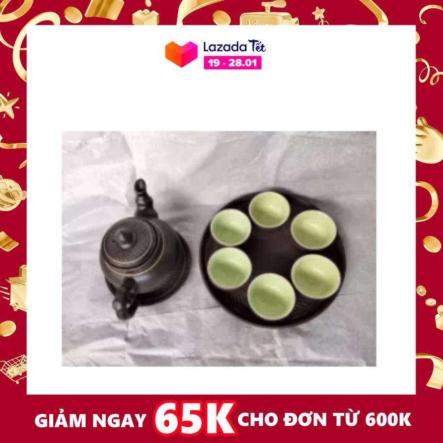 Bộ ấm chén gốm tử sa chóp nhọn khay tròn 1 lớp, gốm sứ Bát Tràng - Ấm có dáng đẹp kẻ chỉ vàng (nắp nặn vuốt đầy tinh tế)