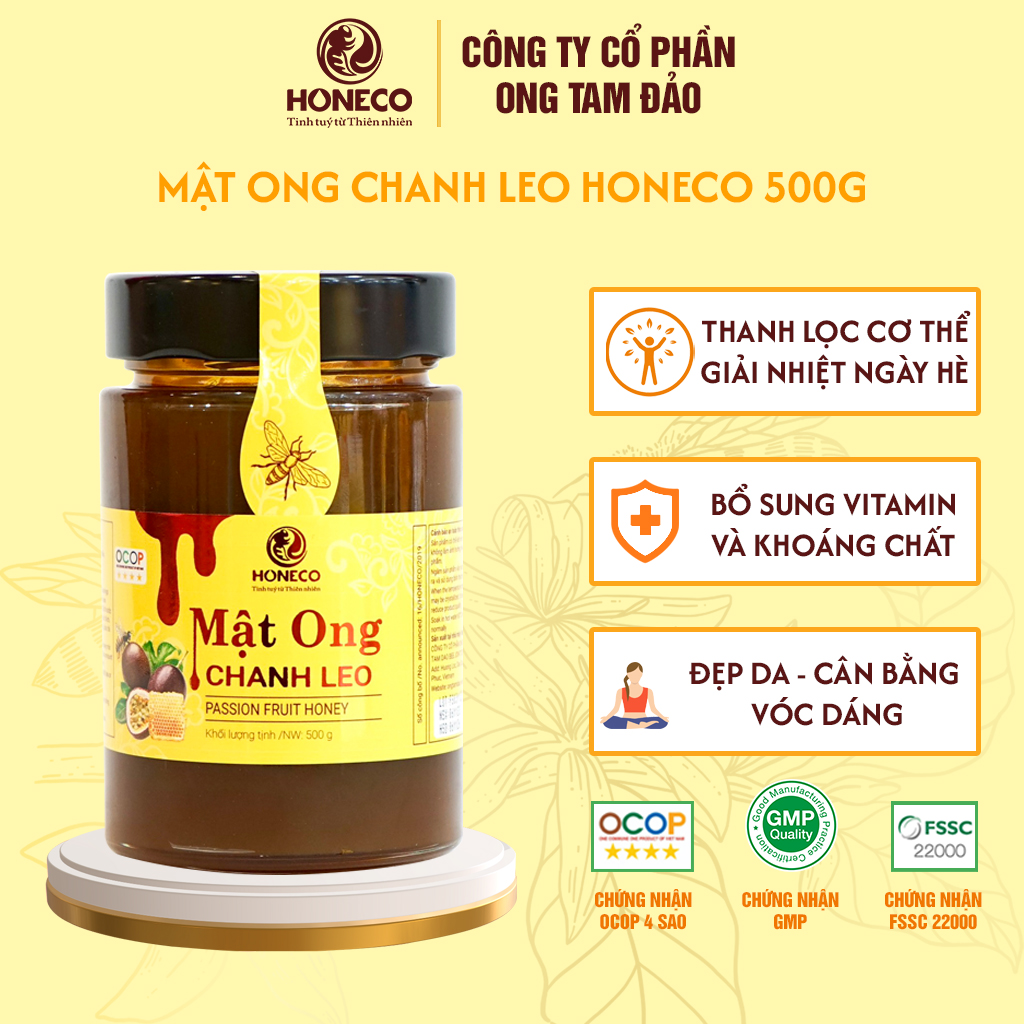Mật ong Chanh Leo Honeco 500g - Bổ sung Vitamin, tăng cường sức đề kháng, giải nhiệt mùa hè - Kiểm soát chất lượng theo tiêu chuẩn FSSC 22000