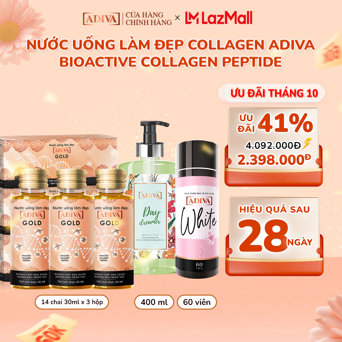 Combo 3 hộp collagen adiva gold tặng combo viên uống trắng da white 60 viên + 1 sữa tắm day dreamer 400ml