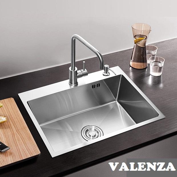 Chậu rửa chén bát 1 hố Valenza inox sus304 kích thước 60x45cm kèm bộ xả rổ rút inox
