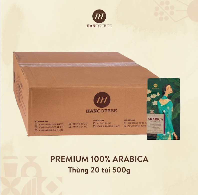 20 túi cà phê hancoffee premium arabica rang mộc đắng vừa phải, chua nhẹ, ngọt dịu - cà phê pha máy túi 500g