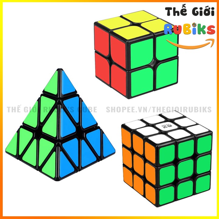 Combo 3 khối rubik 2x2 3x3 tam giác sticker viền đen cao cấp, xoay trơn không rít