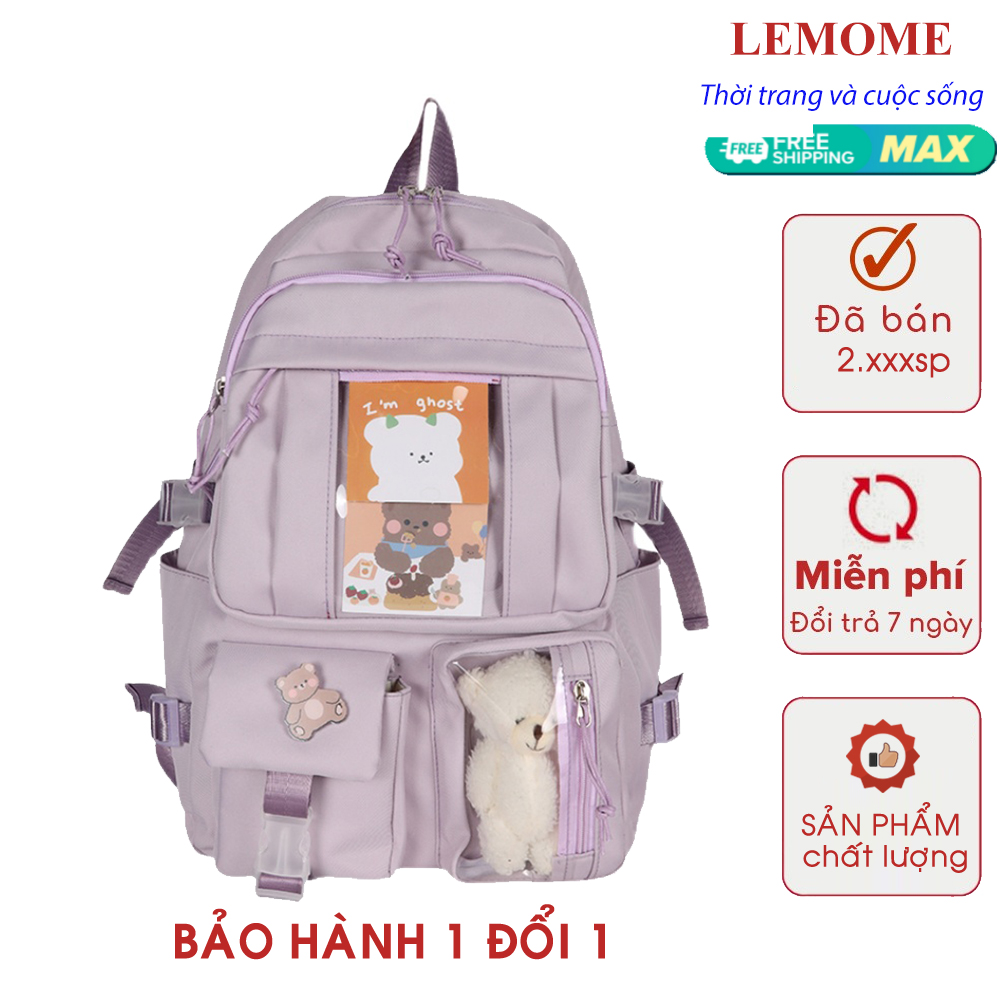 Balo ulzzang đi học Hàn Quốc chống nước nhiều ngăn tặng kèm gấu