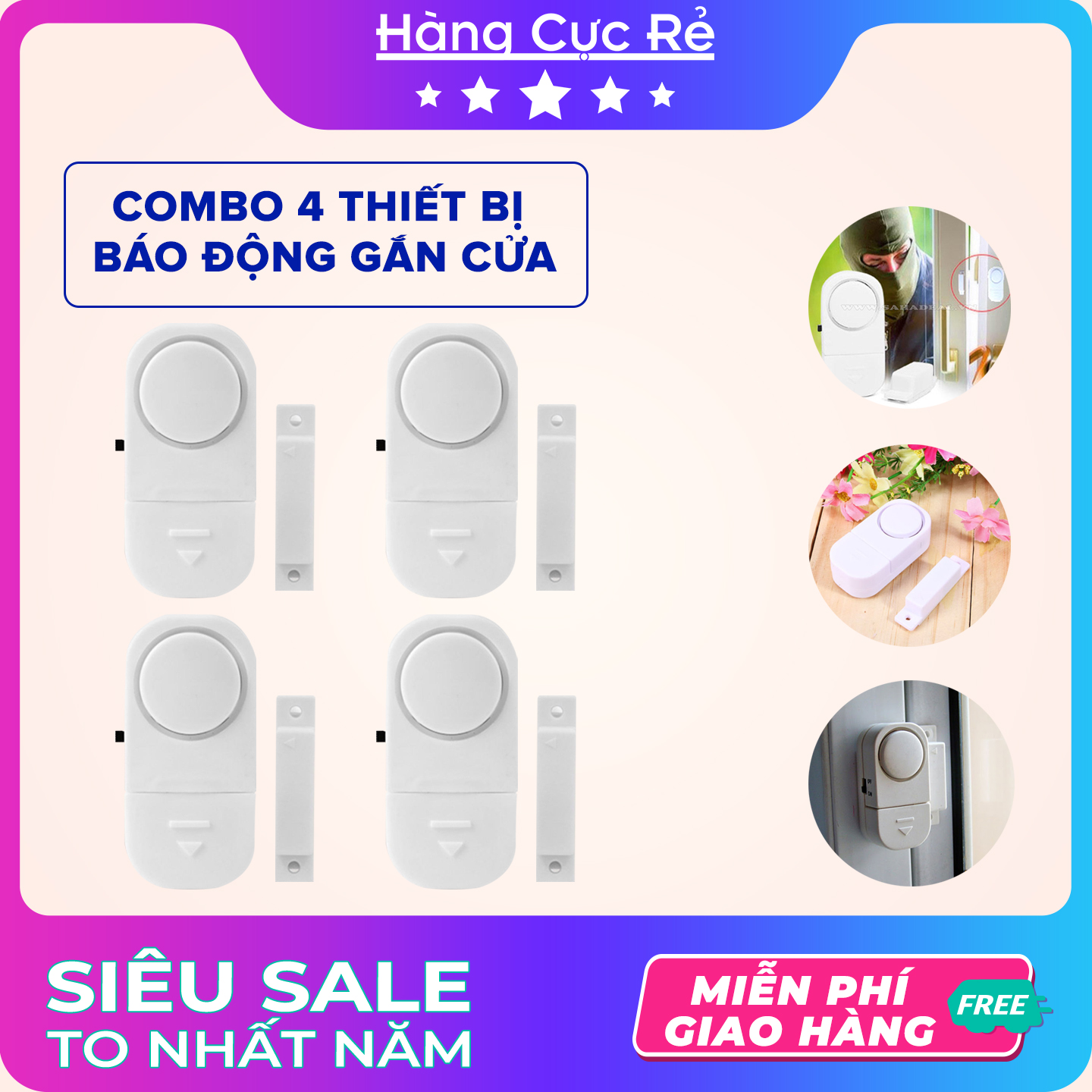 Combo 4 chuông báo động thông minh dùng pin, gắn cửa có chuông báo chống trộm - Shop Hàng Cực Rẻ