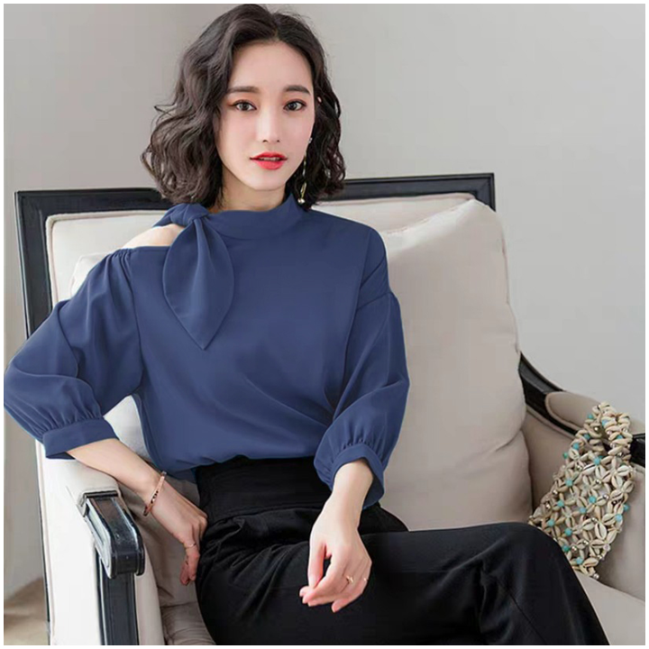 Áo sơmi tay cột nơ màu xanh - ap002
