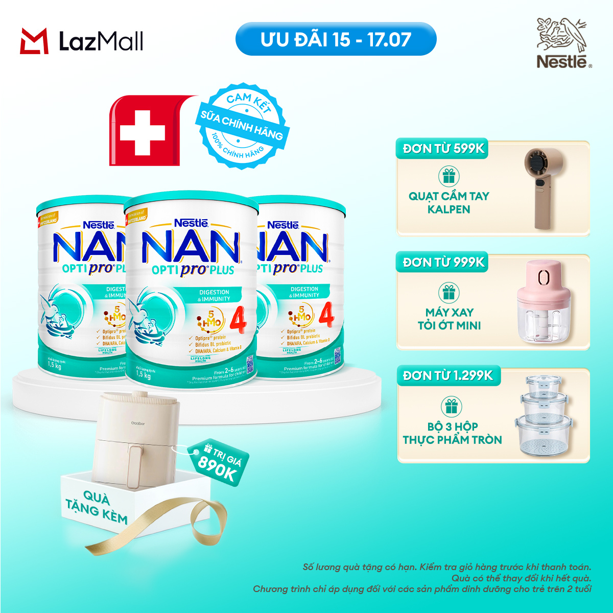 [CHỈ 15-17.07 QT ĐƠN 599K/999K/1299K][Tặng Nồi chiên không dầu Gaabor] Bộ 3 lon Sữa bột Nestlé NAN OPTIPRO PLUS 4 1500g/lon với 5HMO Giúp tiêu hóa tốt