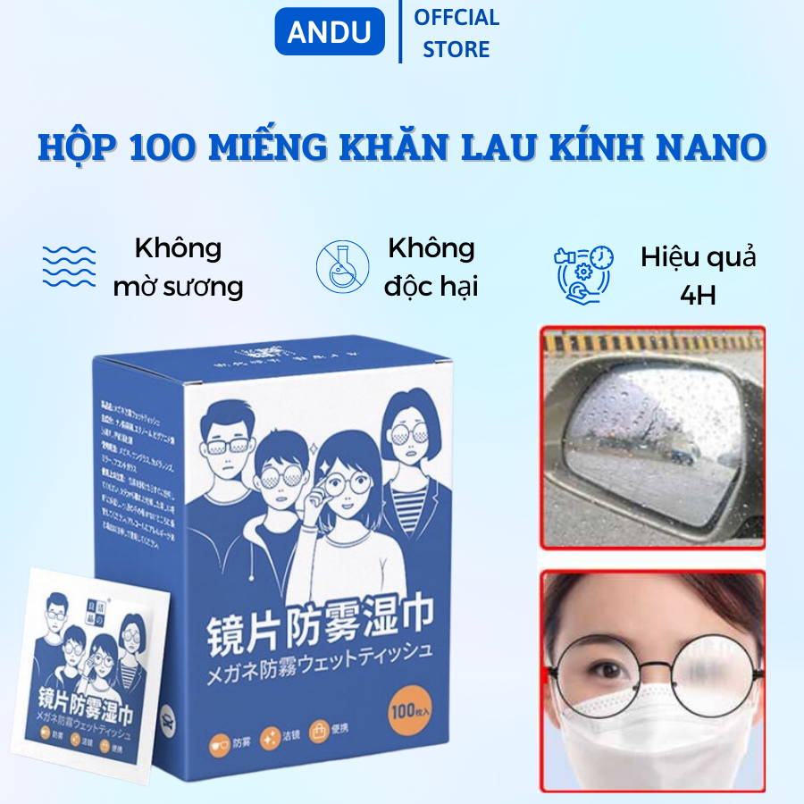 Hộp 100 miếng khăn lau kính nano, khăn giấy lau kính chống bám hơi nước, lau sạch vân tay bụi bẩn