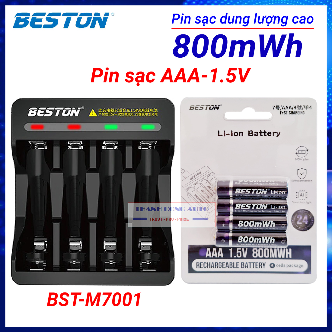 Combo 04 Pin sạc Lithium 1,5V AAA chính hãng Beston 800mWh kèm Bộ sạc beston M7011 Sạc nhanh tự ngắt
