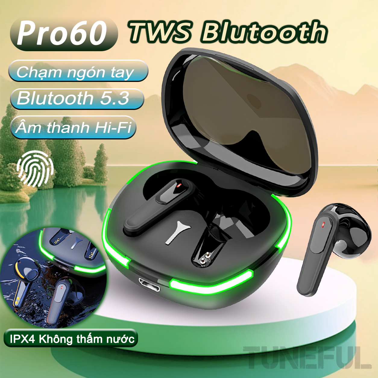 Tuneful tai nghe bluetooth không dây tws pro 60 có mic tai nghe hiển thị led tai nghe không dây tai nghe bluetooth fone