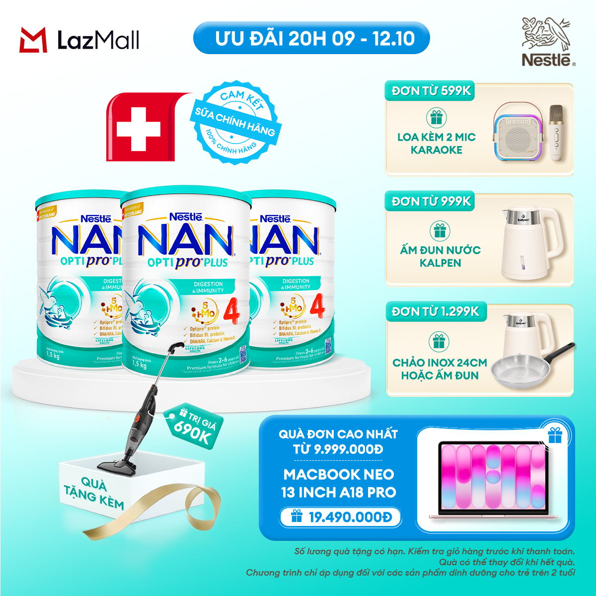 [CHỈ 20h 9-12.10 QT ĐƠN 599K/999K/1299K] [Tặng Máy hút bụi cầm tay Gaabor] Bộ 3 lon Sữa Bột Nestlé NAN OPTIPRO PLUS 4 1500g Cho Bé 2 - 6 Tuổi: Công Thức Độc Quyền Nhập Khẩu Từ Thụy Sỹ, Chứa Phức Hợp 5-HMO