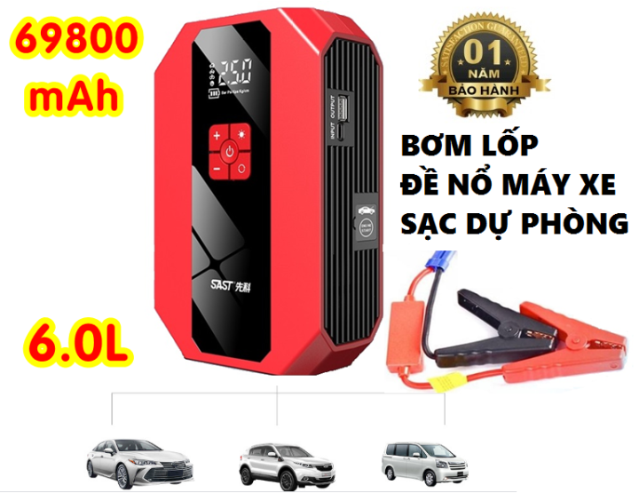 Bơm lốp xe Hơi Gia Đình Bơm Lốp Điện Tử Tích Hợp Kích Bình Đề Nổ Xe Ô Tô Dung Lượng Khủng 69800mA Dòng Điện Cực Đại 6000A Cứu Hộ Xe Hơi Kiêm Sạc Dự Phòng Đèn Led SOS Bảo Hành 1 Đổi 1