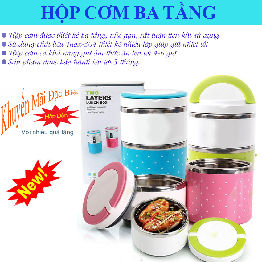 Hộp Cơm 3 Tầng,Hộp Cơm Giữ Nhiệt 3 Tầng,Hộp Cơm 3 Tầng Cắm Điện-Hộp cơm được thiết kế ba tầng, sử dụng chất liệu Inox-304 nhiều lớp giúp giữ ấm thức ăn lên tới 4-6 giờ. GIÁ ƯU ĐÃI CỰC KHỦNG CHO 20 KHÁCH ĐẦU TIÊN. BH 1 ĐỔI 1 TRONG 1 THÁNG