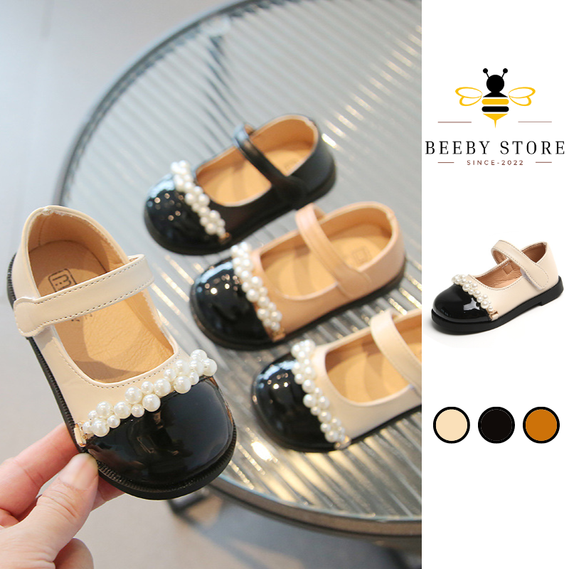 Giày búp bê bé gái vitage trang trí dây ngọc, giày cho bé mg baby da mềm đế chông trơn size 21-30