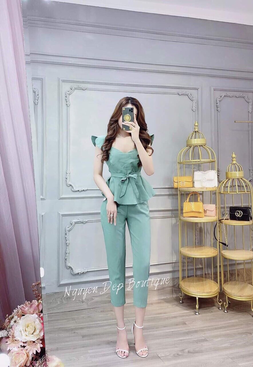 [HCM]Sét bộ áo tay cánh tiên có nơ kèm quần một sét đồ ở nhà hay xuống phố vẫn xinh lung linh