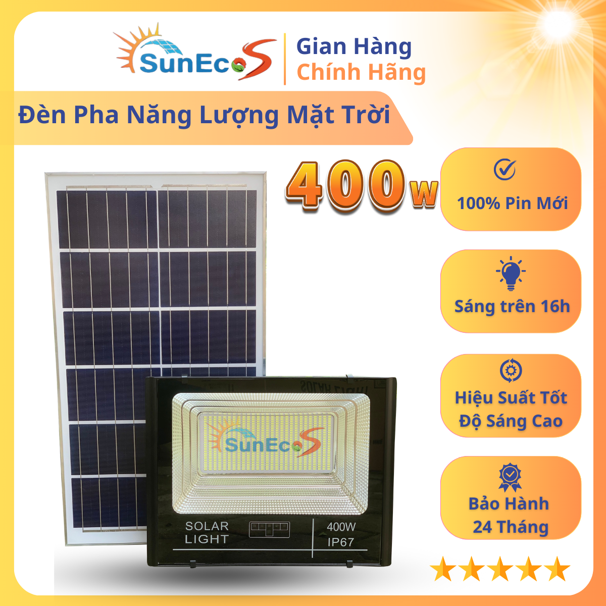 Đèn năng lượng mặt trời 100W 200W 400W có đèn báo dung lượng pin, đèn pha led năng lượng mặt trời, đèn led năng lượng mặt trời IP67, đèn sân vườn hộp đèn bằng nhôm đúc nguyên khối, chống nước - Bảo hành 2 năm