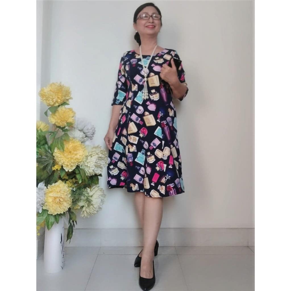 Đầm trung niên dáng xòe vải thun chéo co giãn