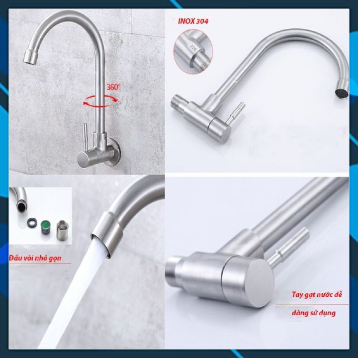 Vòi rửa bát đơn lạnh gắn tường 304, cần cứng xoay 360 độ, đầu vòi tạo bọt, chống bắn, tiết kiệm nước