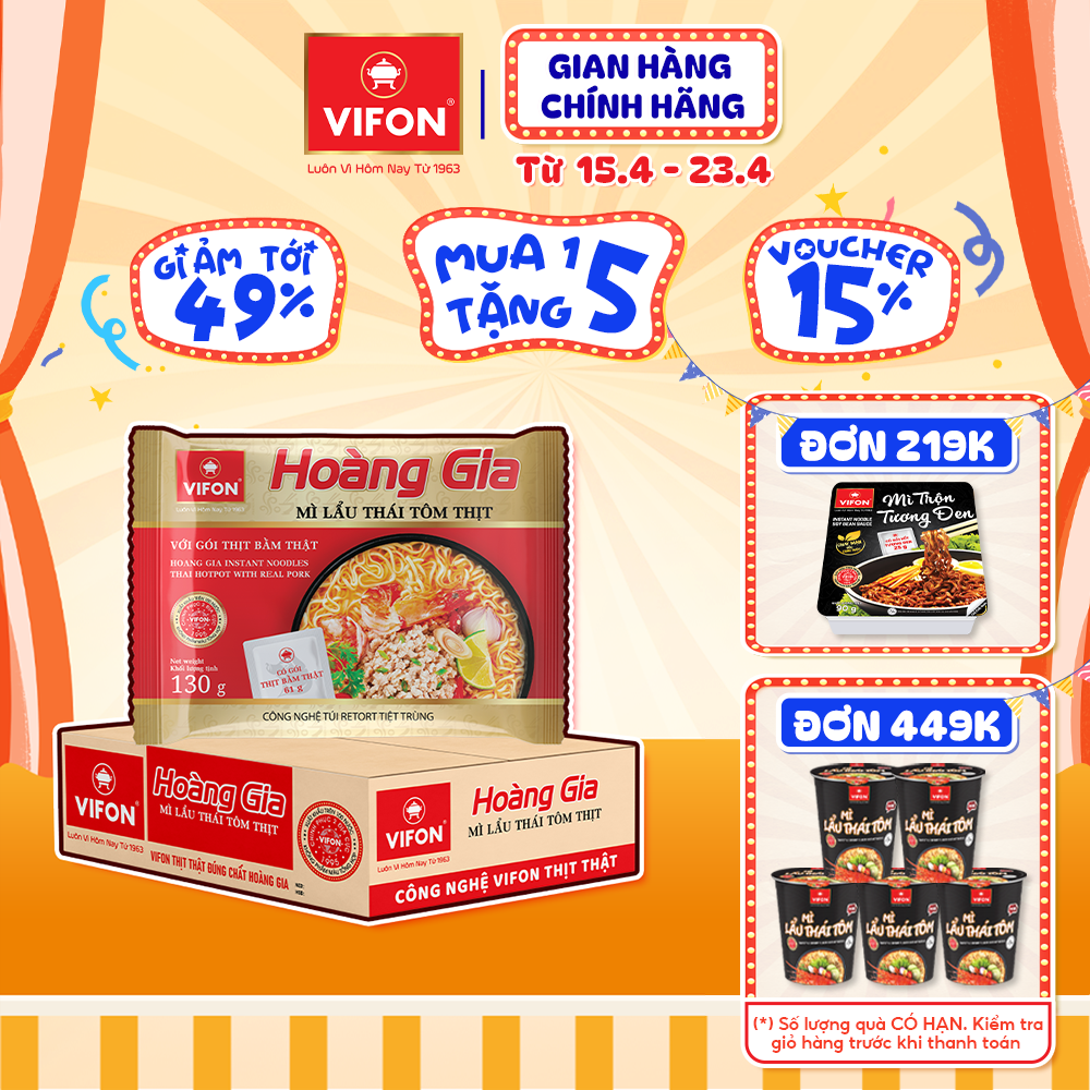 [VOUCHER đến 80K]-HOÀNG GIA mì Lẩu Thái Tôm Thịt  VIFON 130gr/Gói